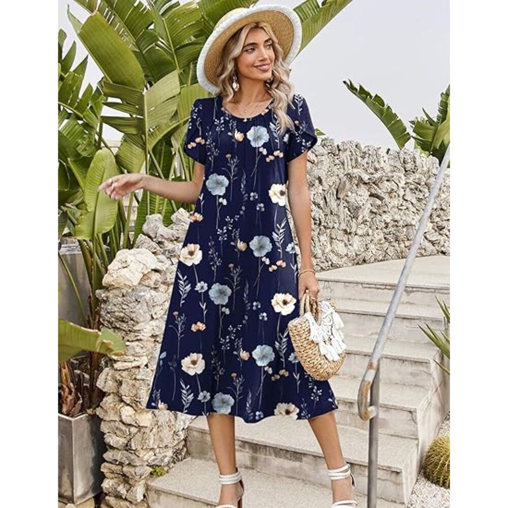 WomenNavy Floral Blend Crew-Neck A-Line Short Sleeve Flowy Dress Boho Sundress - Picture 5 of 6